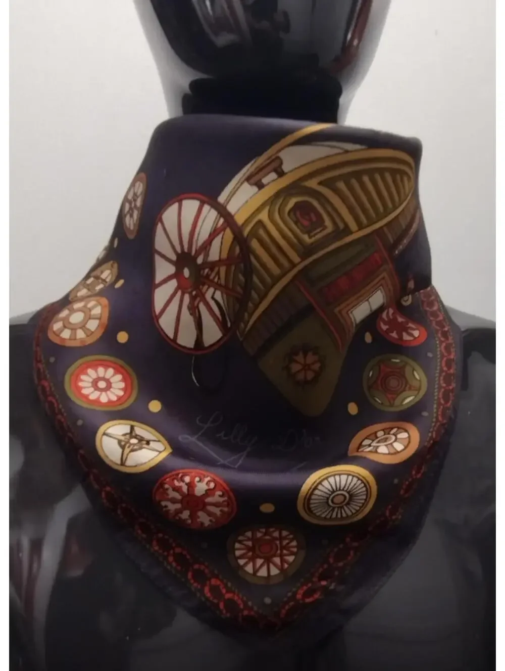 60s Lilly D'or Men's Scarf Carriages Acetate MCM Menswear Dandy Victorian Wheels